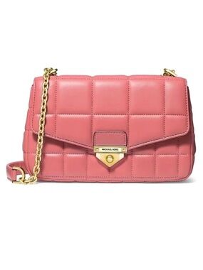 NWT Michael Kors SoHo Large Quilted Flap Shoulder Bag Tea Rose Gold Chain